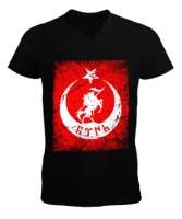 Göktürk,Göktürk logosu,Türkiye. Siyah Erkek Kısa Kol V Yaka Tişört - Tisho