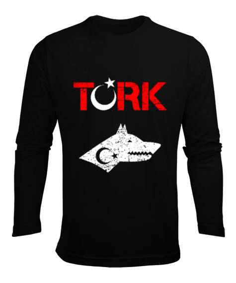 Tisho - Göktürk,Göktürk logosu,Türkiye. Siyah Erkek Uzun Kol Yazlık Tişört