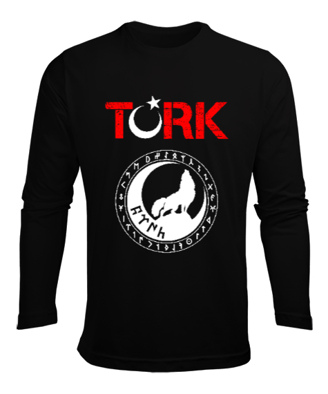 Tisho - Göktürk,Göktürk logosu,Türkiye. Siyah Erkek Uzun Kol Yazlık Tişört