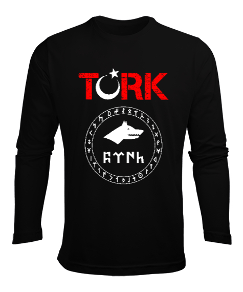 Tisho - Göktürk,Göktürk logosu,Türkiye. Siyah Erkek Uzun Kol Yazlık Tişört
