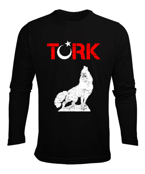 Tisho - Göktürk,Göktürk logosu,Türkiye. Siyah Erkek Uzun Kol Yazlık Tişört