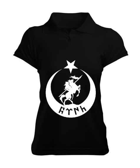 Tisho - Göktürk,Göktürk logosu,Türkiye. Siyah Kadın Polo Yaka Tişört