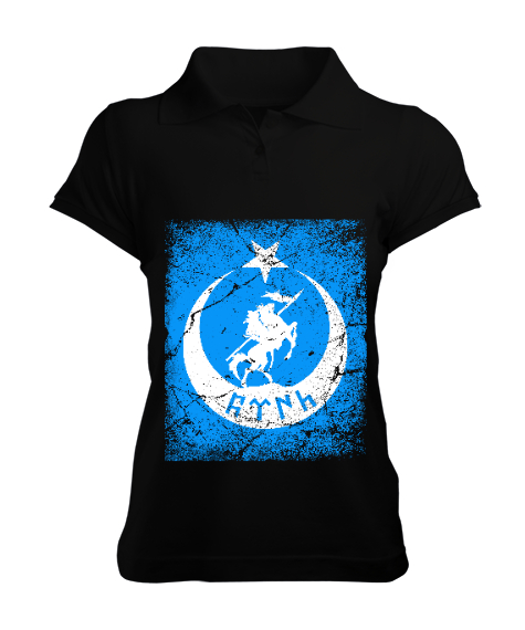 Tisho - Göktürk,Göktürk logosu,Türkiye. Siyah Kadın Polo Yaka Tişört
