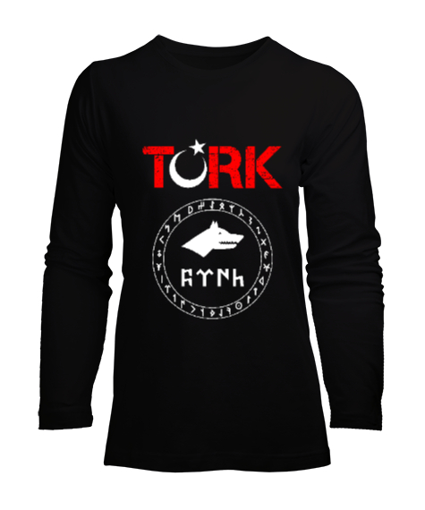 Tisho - Göktürk,Göktürk logosu,Türkiye. Siyah Kadın Uzun Kol Tişört