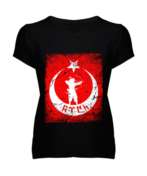 Tisho - Göktürk,Göktürk logosu,Türkiye. Siyah Kadın V Yaka Tişört