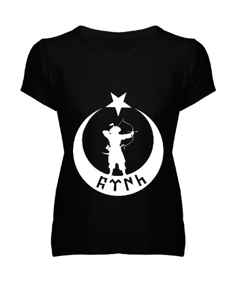 Tisho - Göktürk,Göktürk logosu,Türkiye. Siyah Kadın V Yaka Tişört