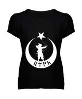 Göktürk,Göktürk logosu,Türkiye. Siyah Kadın V Yaka Tişört - Tisho