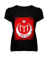 Göktürk,Göktürk logosu,Türkiye. Siyah Kadın V Yaka Tişört - Tisho