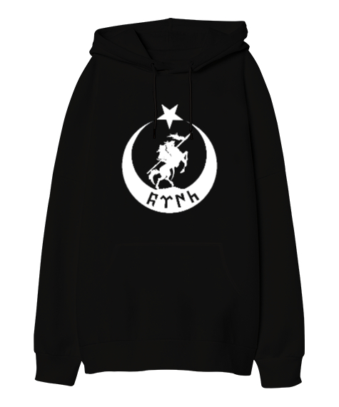 Tisho - Göktürk,Göktürk logosu,Türkiye. Siyah Oversize Unisex Kapüşonlu Sweatshirt