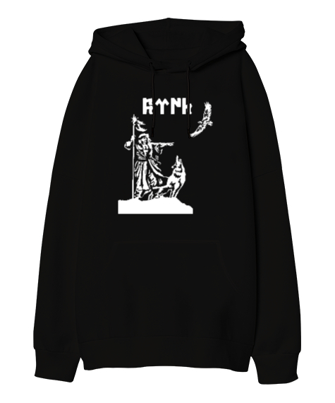 Tisho - Göktürk,Göktürk logosu,Türkiye. Siyah Oversize Unisex Kapüşonlu Sweatshirt