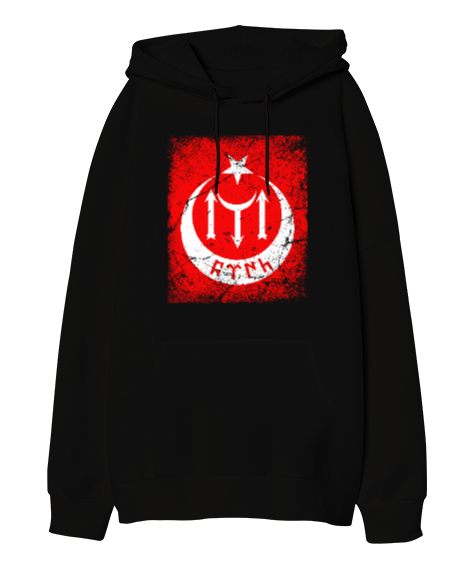 Tisho - Göktürk,Göktürk logosu,Türkiye. Siyah Oversize Unisex Kapüşonlu Sweatshirt