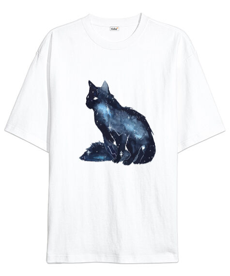Tisho - Gökyüzü Desenli Kedi Beyaz Oversize Unisex Tişört