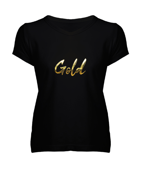 Tisho - Gold Yazılı Siyah Kadın V Yaka Tişört