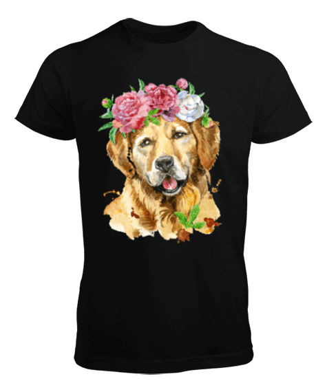 Tisho - Golden Retriever Cinsi Köpek, Sulu Boya Özel Çizim Tasarım 7 Erkek Tişört