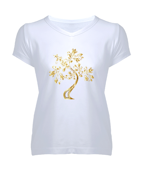 Tisho - Golden Tree Beyaz Kadın V Yaka Tişört