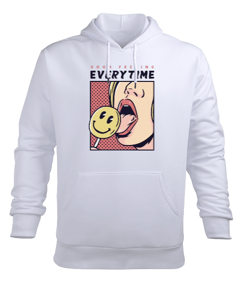 Tisho - Good Feeling Everytime Tasarım Baskılı Beyaz Erkek Kapüşonlu Hoodie Sweatshirt