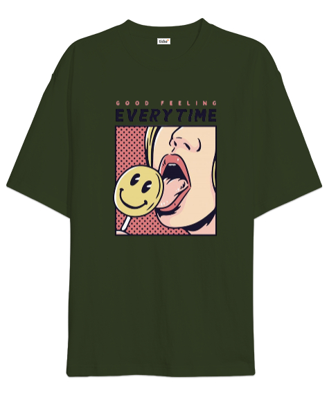 Tisho - Good Feeling Everytime Tasarım Baskılı Haki Yeşili Oversize Unisex Tişört