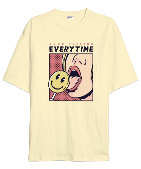 Tisho - Good Feeling Everytime Tasarım Baskılı Krem Oversize Unisex Tişört