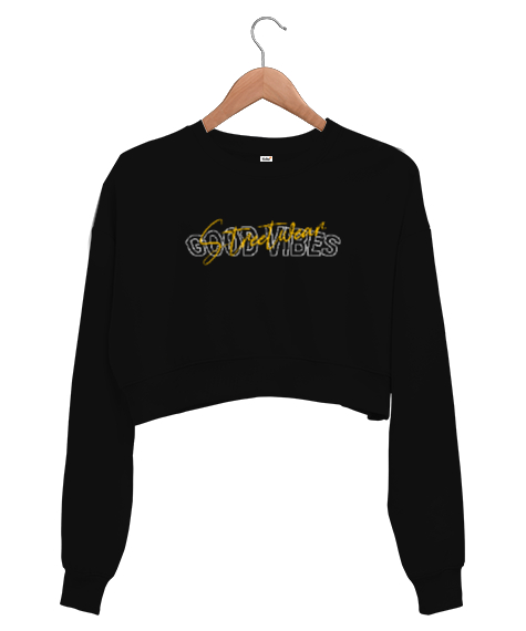 Tisho - Good Vibes - Güzel Hisler V2 Siyah Kadın Crop Sweatshirt