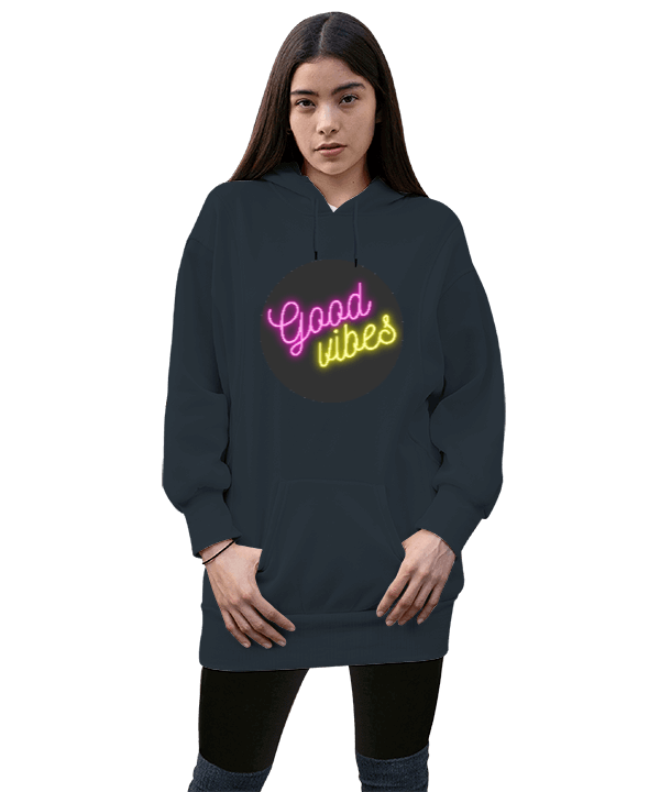 Tisho - Good Vibes Kadın Uzun Hoodie Kapüşonlu Sweatshirt