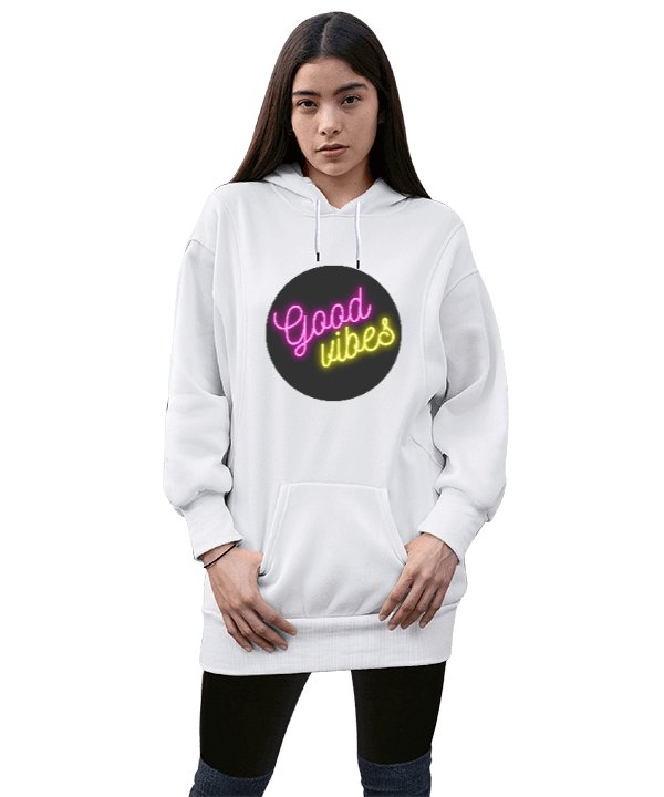 Tisho - Good Vibes Kadın Uzun Hoodie Kapüşonlu Sweatshirt