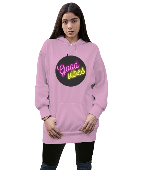 Tisho - Good Vibes Kadın Uzun Hoodie Kapüşonlu Sweatshirt