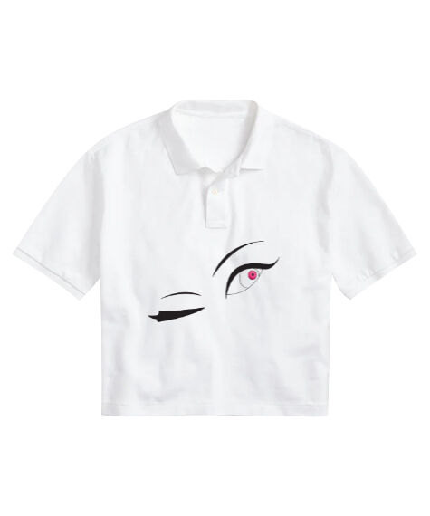 Tisho - Göz Kırpma Baskılı Beyaz Kadın Crop Polo Yaka Tişört
