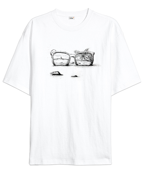 Tisho - Gözlük Ve Sahil Beyaz Oversize Unisex Tişört
