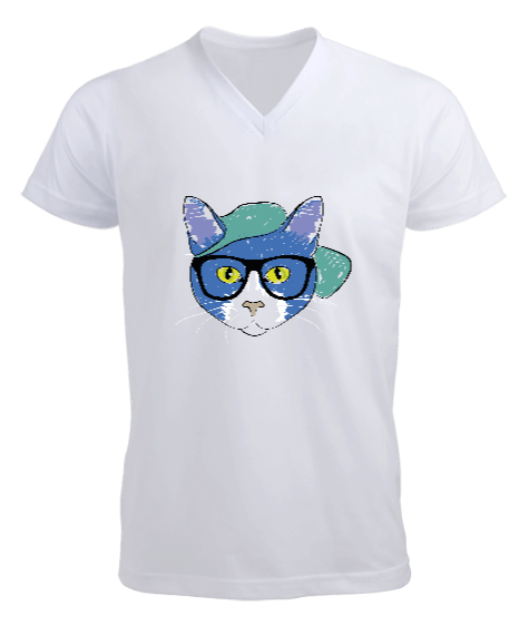 Tisho - Gözlüklü kedi baskılı Erkek Kısa Kol V Yaka Tişört