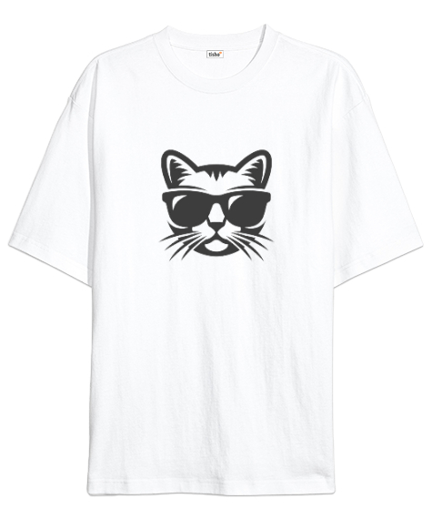 Tisho - Gözlüklü kedi Beyaz Oversize Unisex Tişört