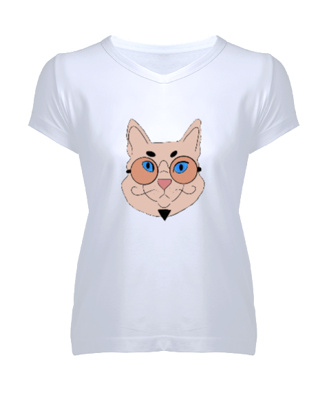 Tisho - Gözlüklü Kedi Kadın V Yaka Tişört