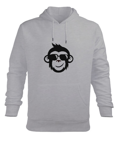 Tisho - Gözlüklü Maymun Baskılı Gri Erkek Kapüşonlu Hoodie Sweatshirt