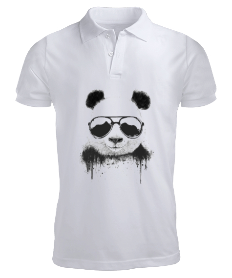 Tisho - Gözlüklü Panda Baskı Beyaz Erkek Kısa Kol Polo Yaka