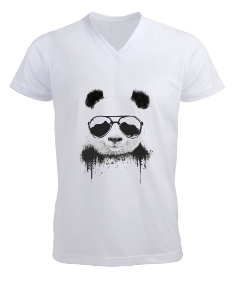 Gözlüklü Panda Baskı Beyaz Erkek Kısa Kol V Yaka Tişört