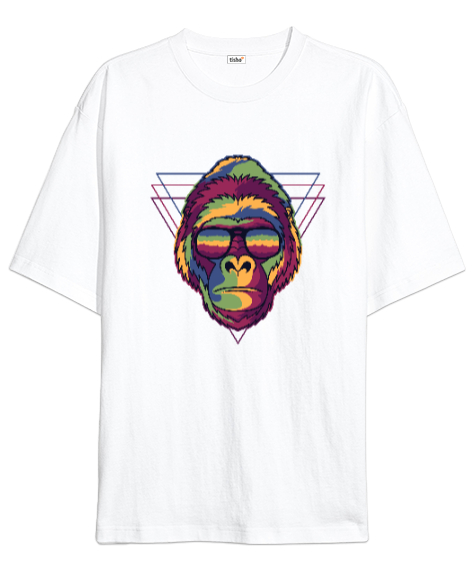 Tisho - Gözlüklü Renkli Aksi Orangutan Özel Tasarım Beyaz Oversize Unisex Tişört