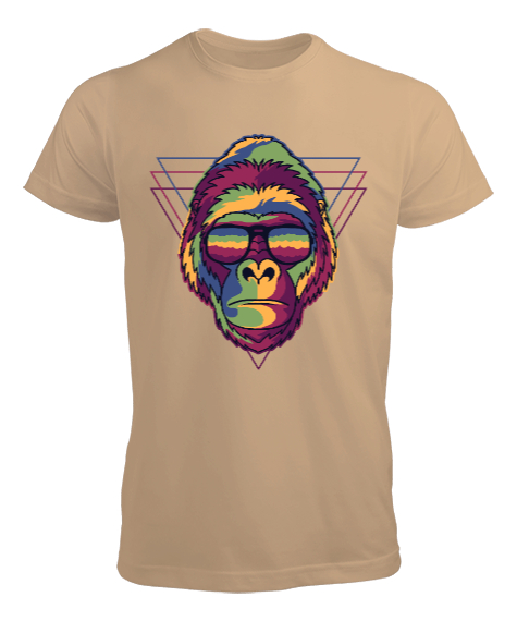 Tisho - Gözlüklü Renkli Aksi Orangutan Özel Tasarım Camel Erkek Tişört