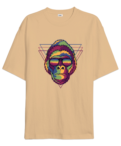 Tisho - Gözlüklü Renkli Aksi Orangutan Özel Tasarım Camel Oversize Unisex Tişört