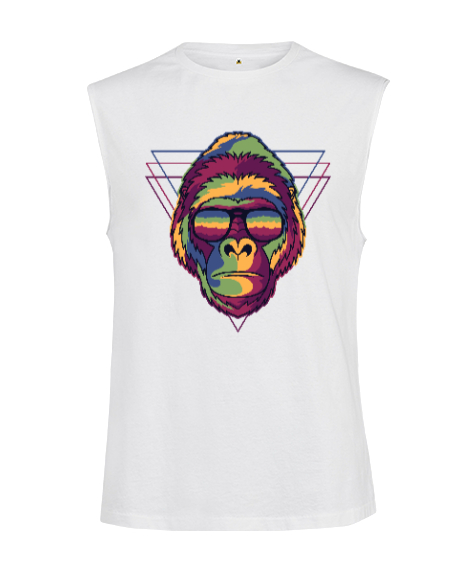 Tisho - Gözlüklü Renkli Aksi Orangutan Özel Tasarım Fitness Beyaz Kesik Kol Unisex Tişört