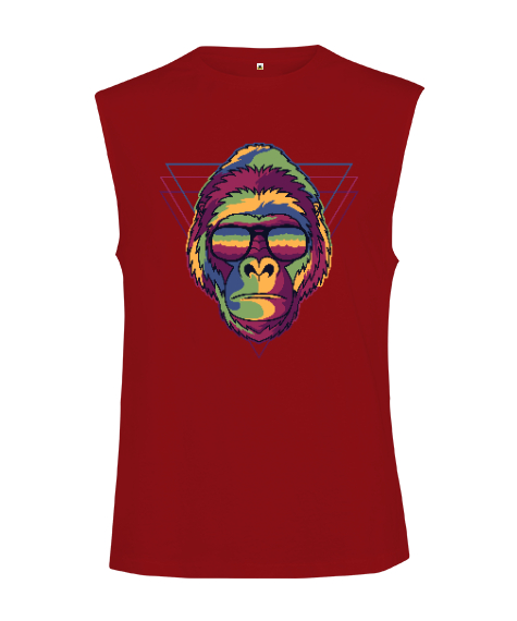 Tisho - Gözlüklü Renkli Aksi Orangutan Özel Tasarım Fitness Kırmızı Kesik Kol Unisex Tişört