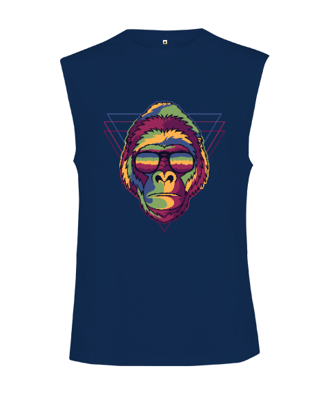 Tisho - Gözlüklü Renkli Aksi Orangutan Özel Tasarım Fitness Lacivert Kesik Kol Unisex Tişört