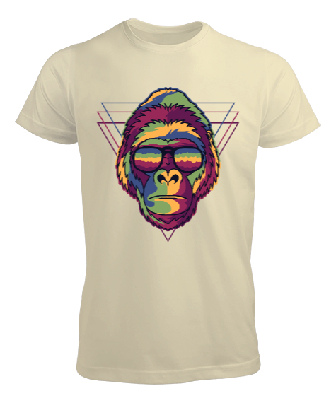 Tisho - Gözlüklü Renkli Aksi Orangutan Özel Tasarım Krem Erkek Tişört