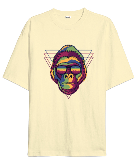 Tisho - Gözlüklü Renkli Aksi Orangutan Özel Tasarım Krem Oversize Unisex Tişört