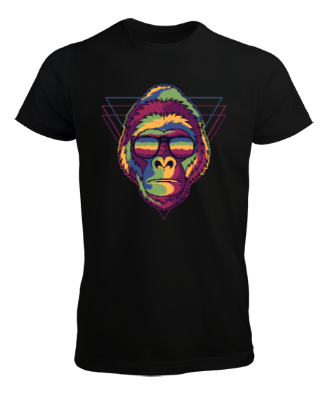 Gözlüklü Renkli Aksi Orangutan Özel Tasarım Siyah Erkek Tişört