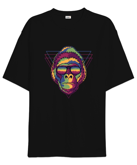 Tisho - Gözlüklü Renkli Aksi Orangutan Özel Tasarım Siyah Oversize Unisex Tişört