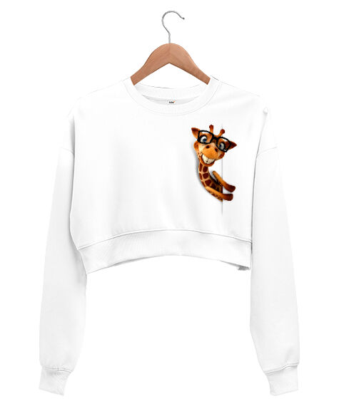Tisho - Gözlüklü Zürafa Beyaz Kadın Crop Sweatshirt