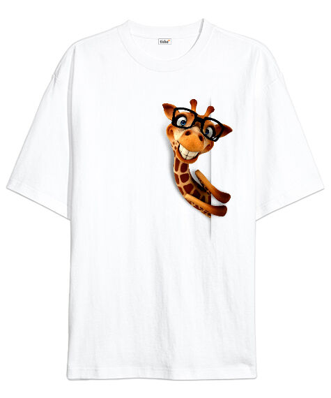 Tisho - Gözlüklü Zürafa Beyaz Oversize Unisex Tişört