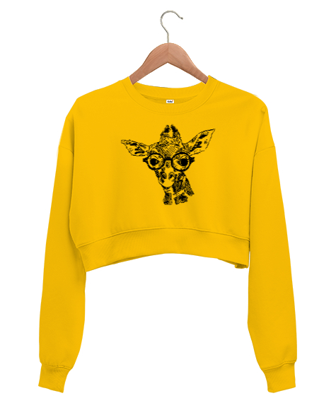 Tisho - Gözlüklü Zürafa Sarı Kadın Crop Sweatshirt