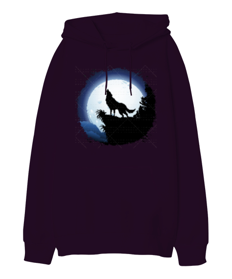 Tisho - Gray Wolf Koyu Mor Oversize Unisex Kapüşonlu Sweatshirt