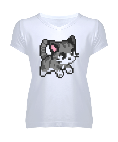 Tisho - Grey Pixel Cat Kadın V Yaka Tişört