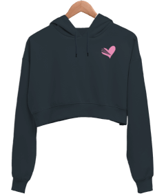 Gri kalp baskılı tişört Kadın Crop Hoodie Kapüşonlu Sweatshirt - Tisho